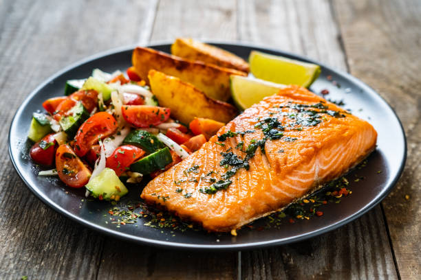 Fried salmon steak